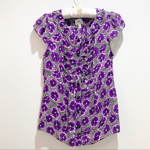 MILLY NEW YORK Purple Floral Polka Dot Silk Blouse